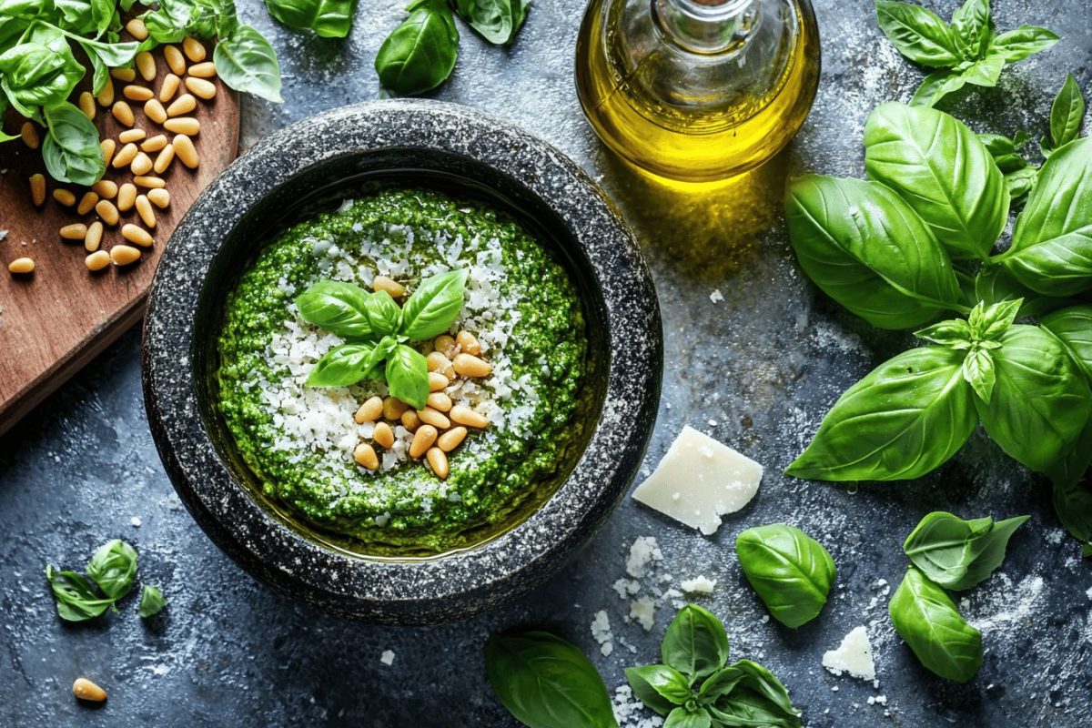 Le chef Simone Zanoni présente son interprétation du pesto, un must pour les gourmets